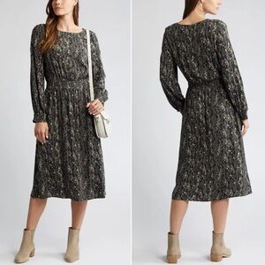 NWT | Caslon | Smocked Midi Dress In Olive Sarma Cayce Floral | Sz S